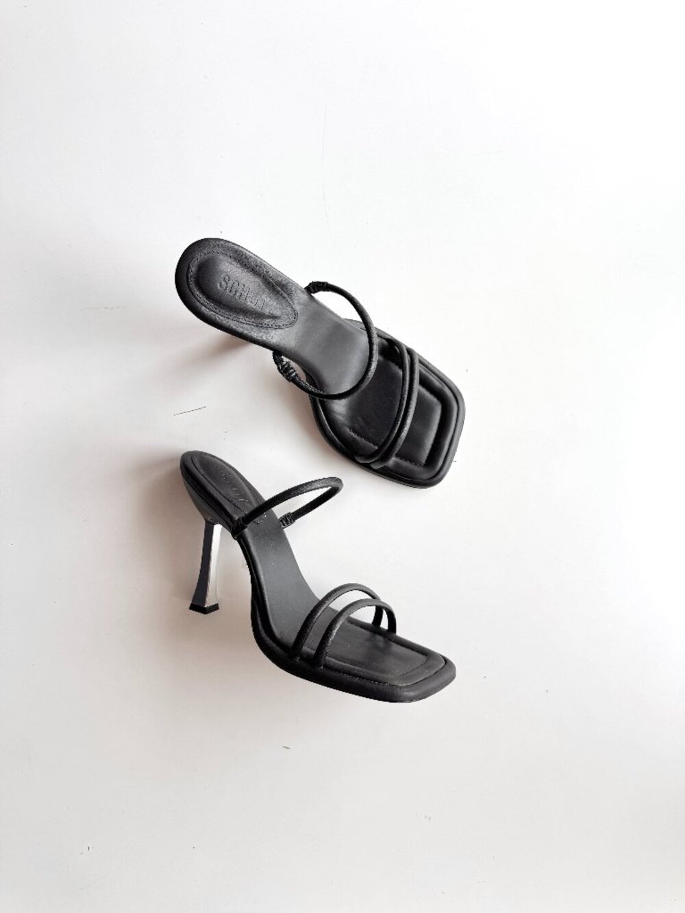 NWT SCHUTZ Agatha Black Leather Strappy Square Toe Metal Slide Heels, Size 8.5
